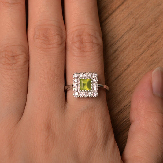 Natural Square Cut Peridot Halo Ring - 925 Sterling Silver Ring