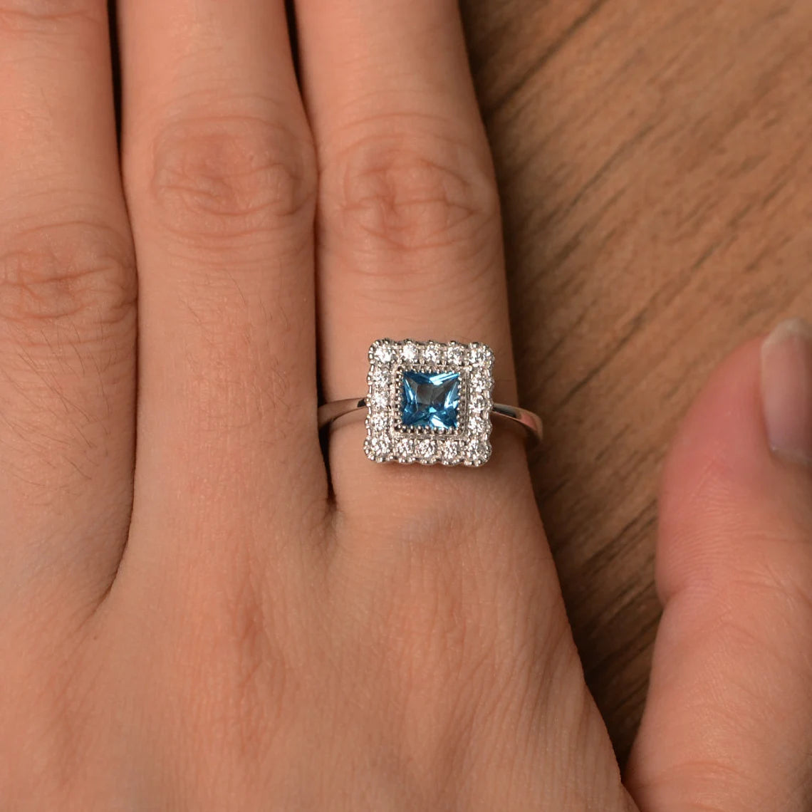 Natural Square Cut Blue Topaz Halo Ring - 925 Sterling Silver Ring