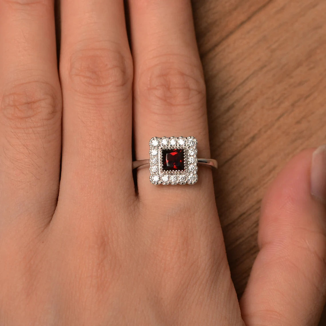 Natural Square Cut Garnet  Halo Ring - 925 Sterling Silver Ring