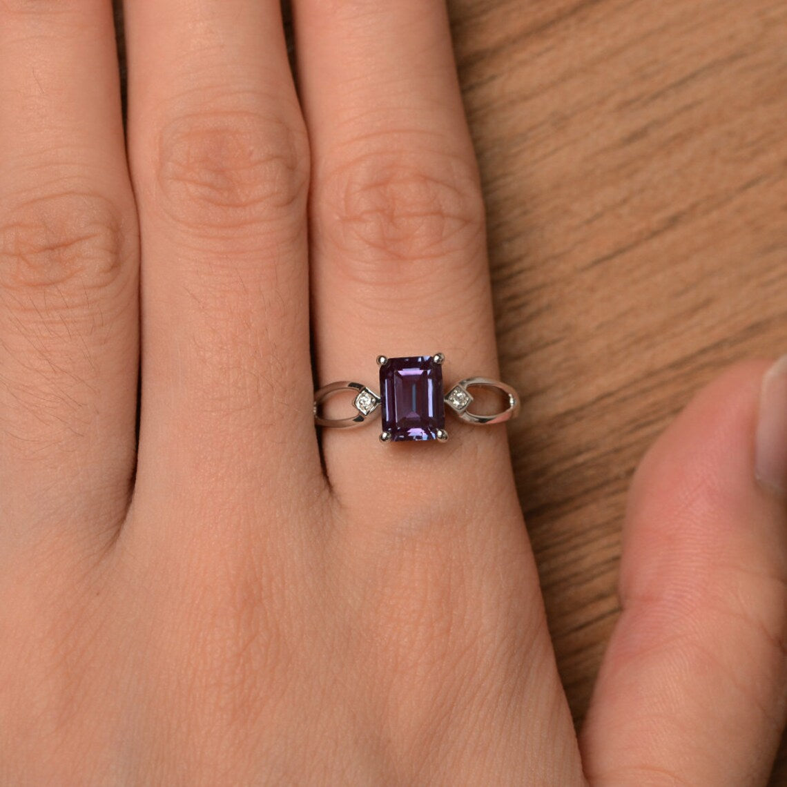 Elegant Alexandrite Emerald Cut Engagement Ring - 925 Sterling Silver Statement Rings
