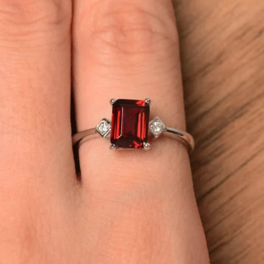 Natural Emerald Cut Garnet Promise Ring