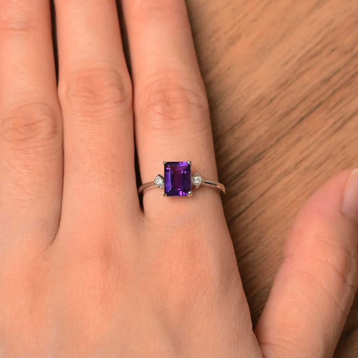 Natural Emerald Cut Amethyst Simple Promise Ring