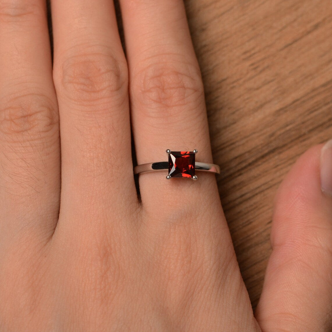 Natural Square Cut Garnet Simple Promise Rings - 925 Sterling  Silver Rings