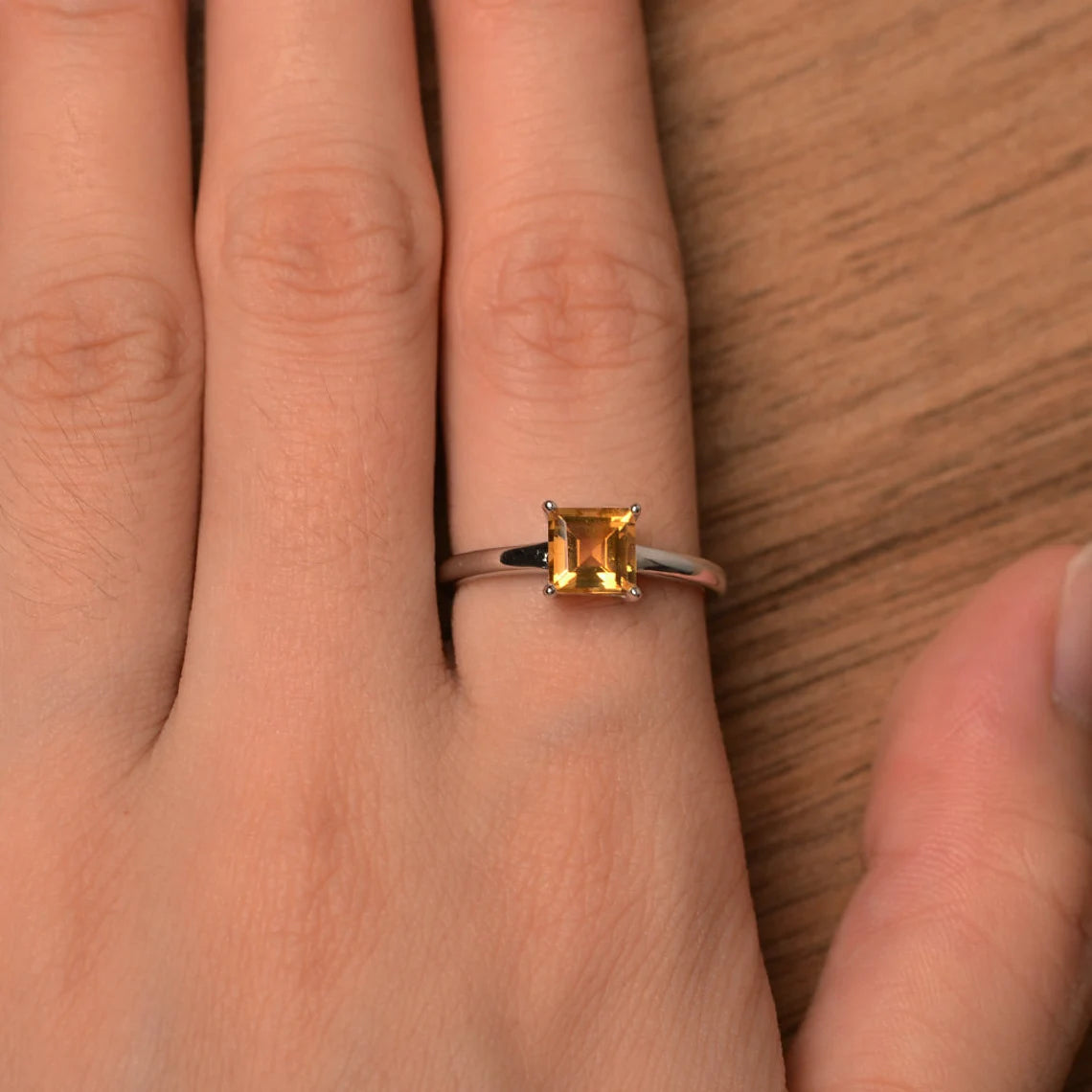 Natural Square Cut Citrine Prong Set Simple Promise Ring - 925 Sterling Silver Ring