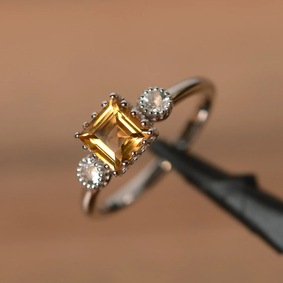 Natural Square Cut Citrine Three Stone 925 Sterling Silver Promise Ring