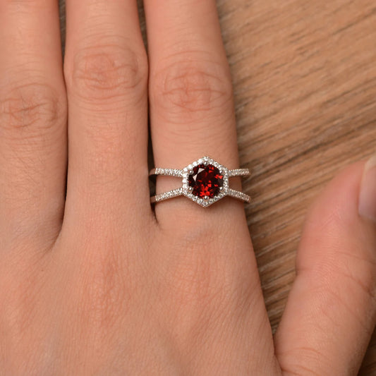 Natural Round Cut Garnet Wedding Halo Ring - 925 Sterling SIlver Ring