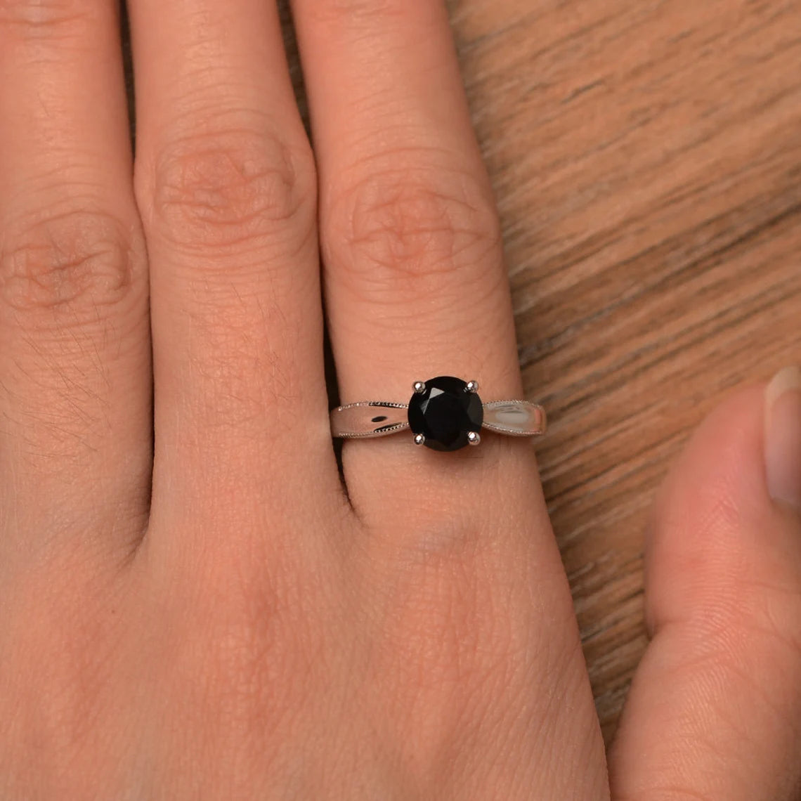 Natural Round Cut Black Onyx Simple Promise Ring - 925 Sterling Silver Ring