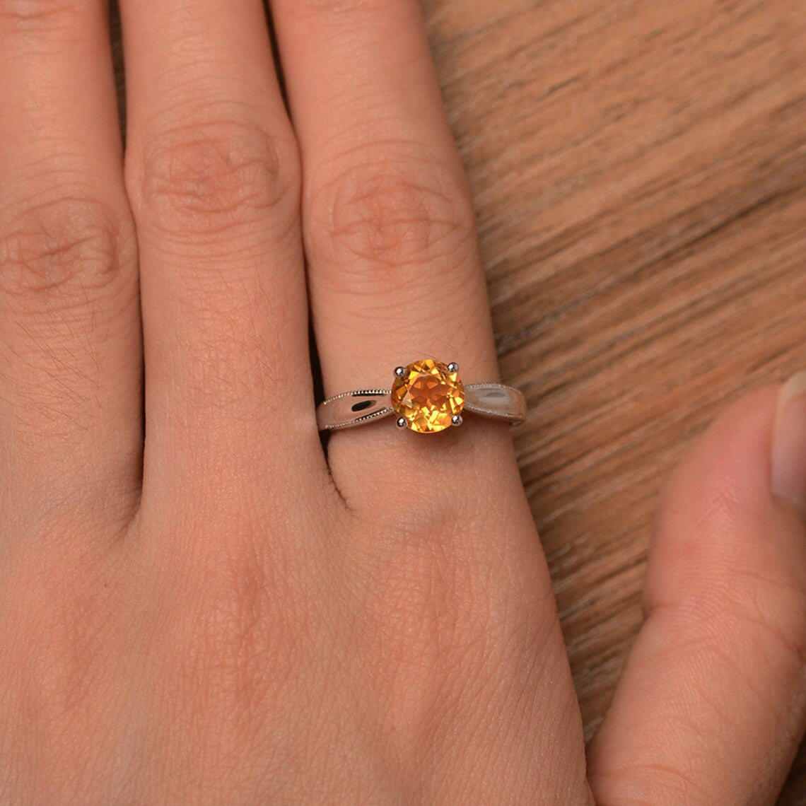 Bague de promesse en citrine ronde naturelle - Bague en argent sterling 925