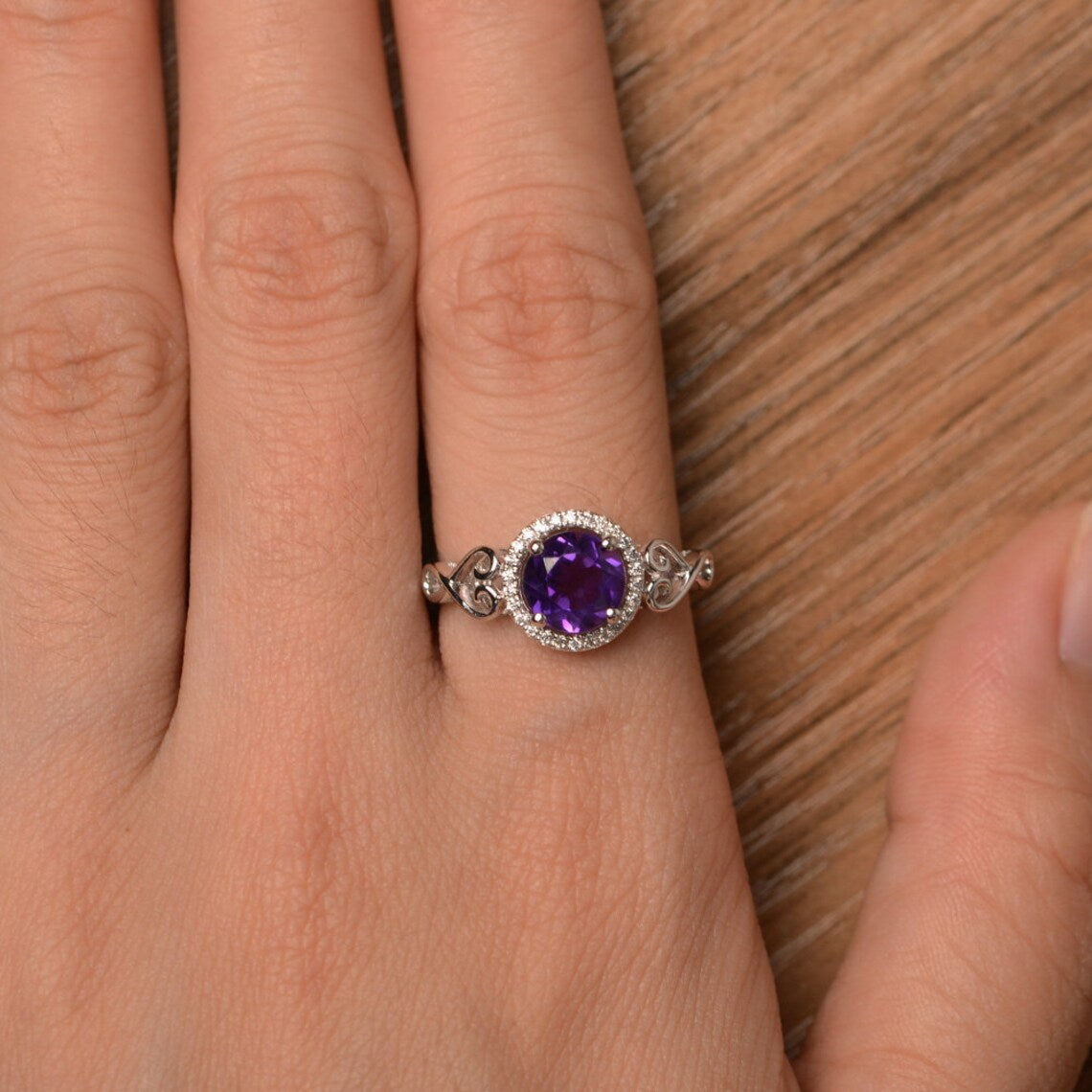 Natural Round Cut Amethyst Halo Promise Ring - 925 Sterling Silver Rings