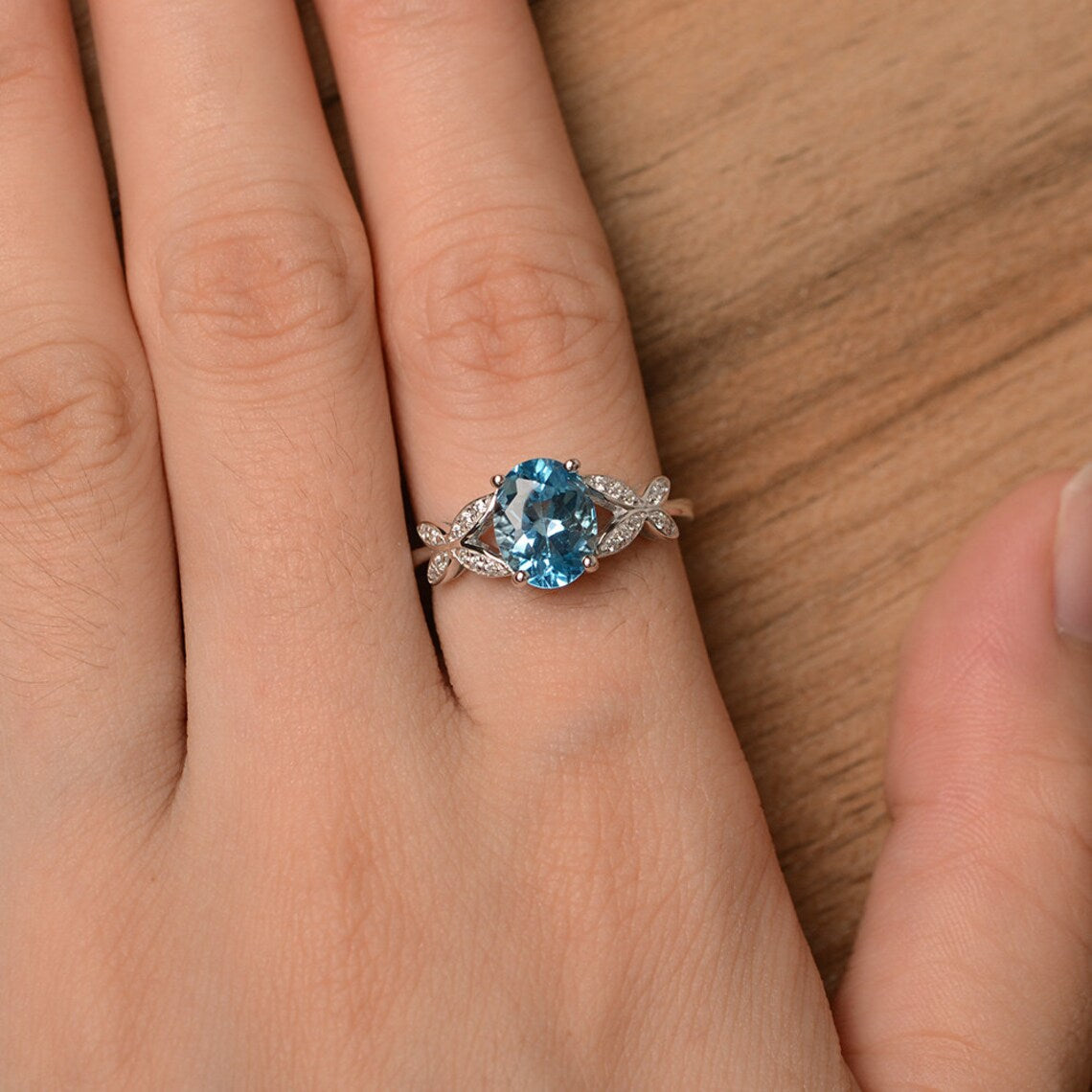 Natural Oval Cut Blue Topaz Unique Promise Ring 