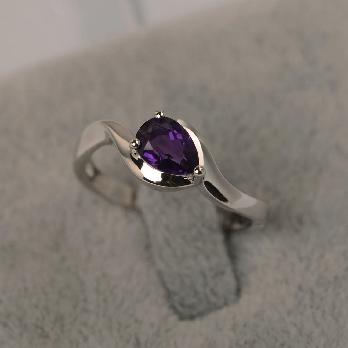 Natural Teardrop Cut Amethyst Solitaire Ring - 925 Sterling Silver Ring