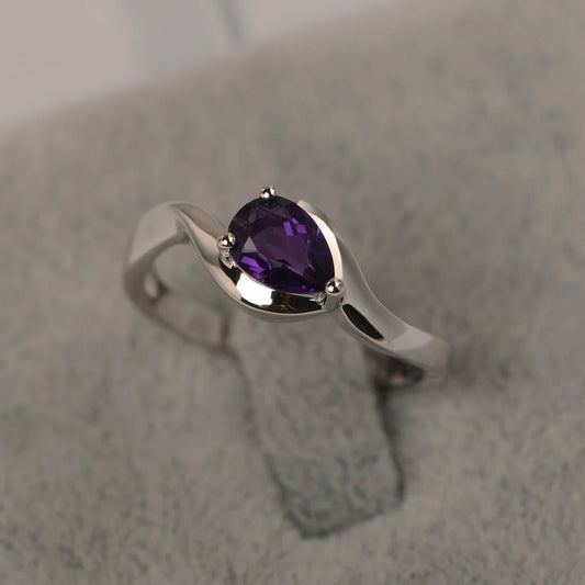 Natural Teardrop Cut Amethyst Solitaire Ring - 925 Sterling Silver Ring