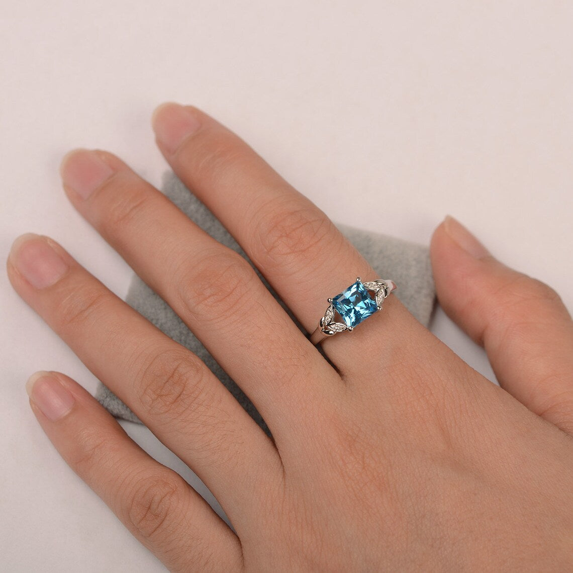 Natural Square Cut Swiss Blue Topaz Promise Rings - 925 Sterling Silver Rings