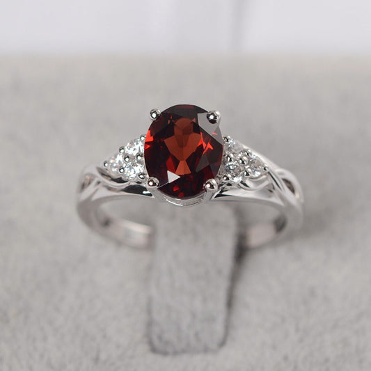 Natural Oval Cut Garnet Wedding Ring  - 925 Sterling Silver Ring