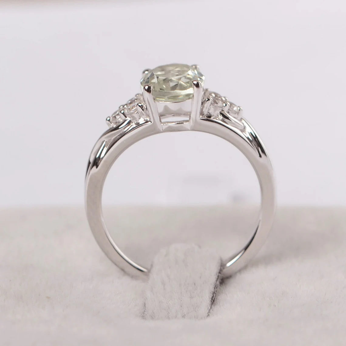 Natural Oval Cut Green Amethyst Wedding Ring - 925 Sterling Silver Ring