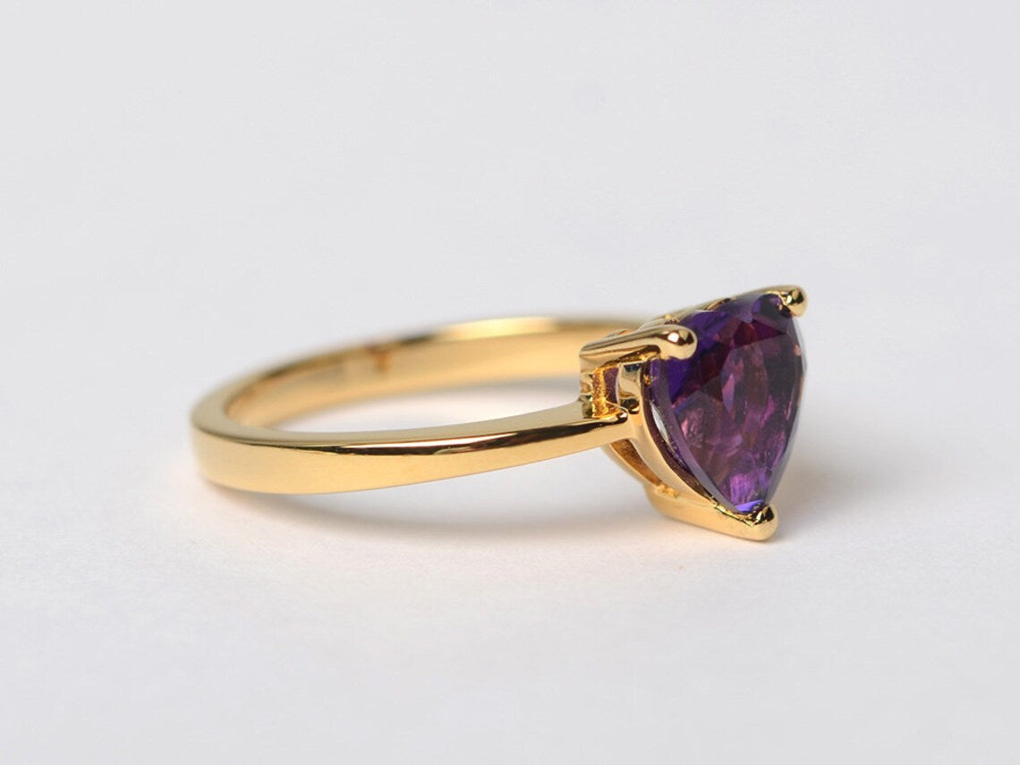 Bague solitaire en améthyste coupée en cœur naturel - Anneaux en vermeil en or 14 carats