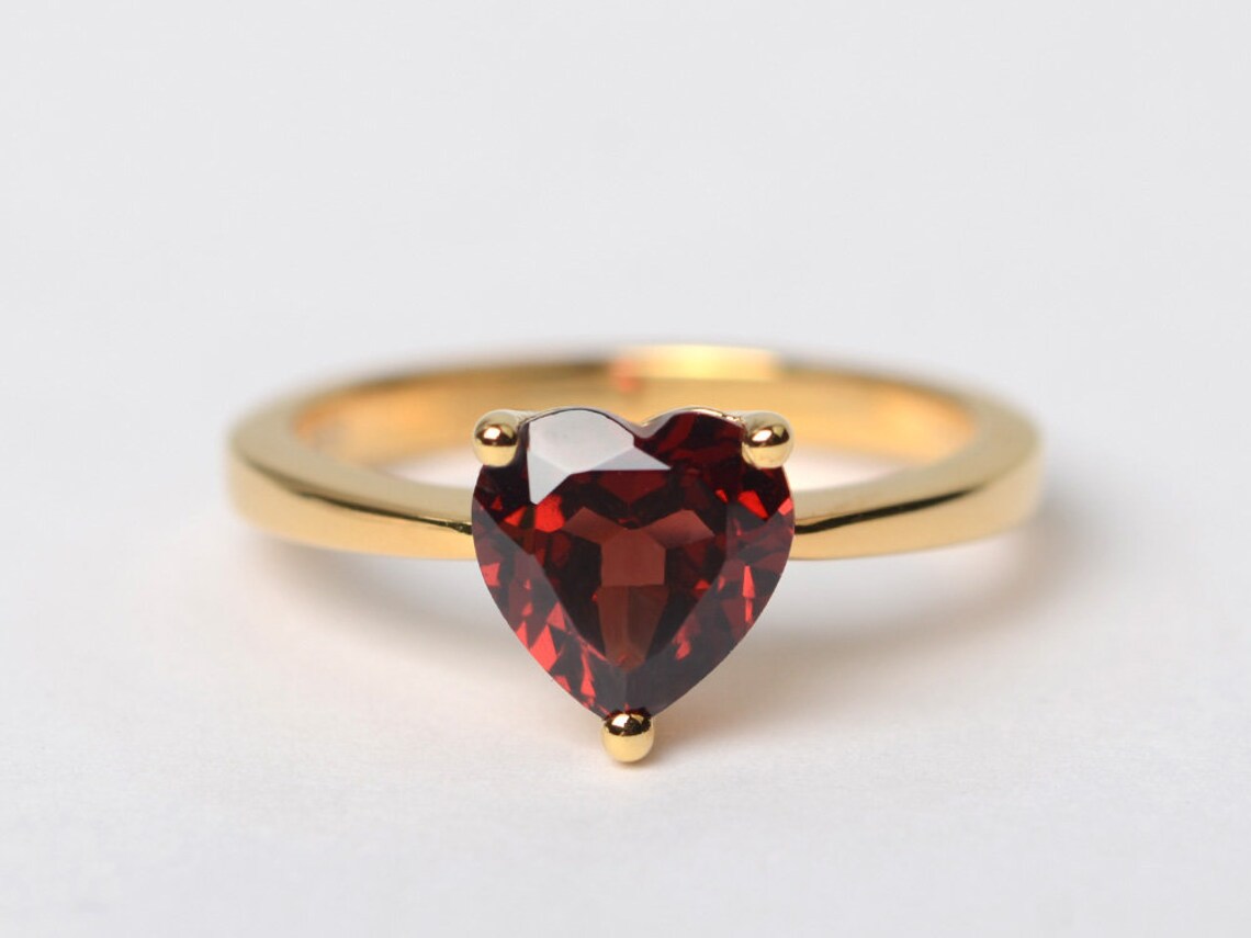 Natural Heart Cut Garnet Solitaire Promise Rings  - 14k Gold Vermeil Rings