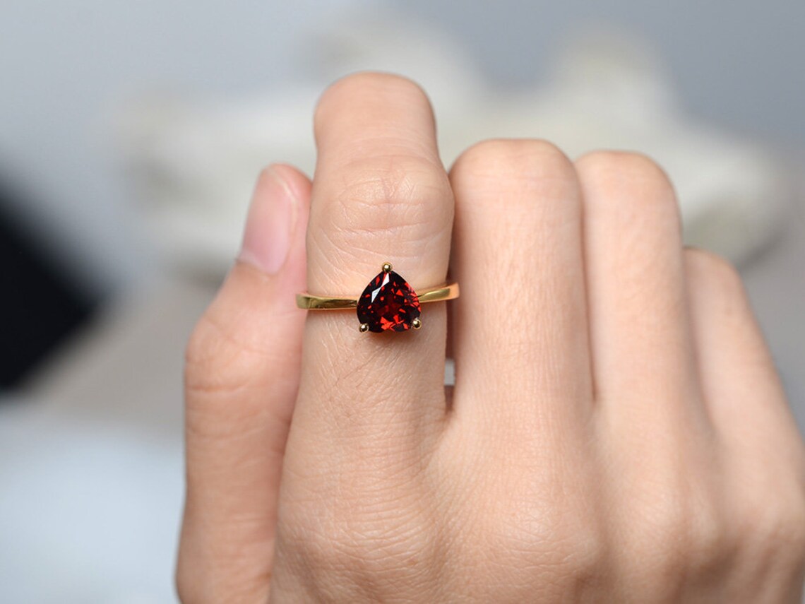 Natural Heart Cut Garnet Solitaire Promise Rings  - 14k Gold Vermeil Rings