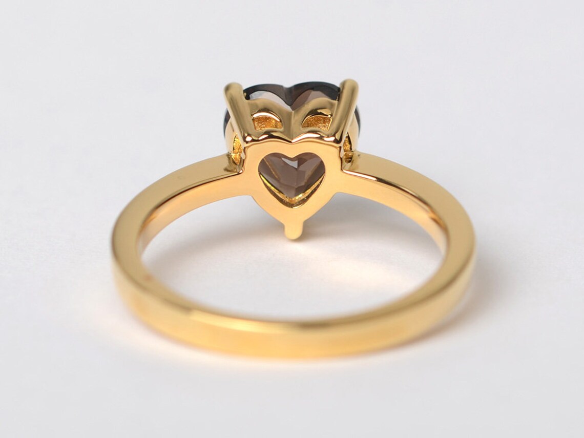 Natural Heart Cut Smoky Quartz Solitaire Ring - 14k Gold Vermeil Rings