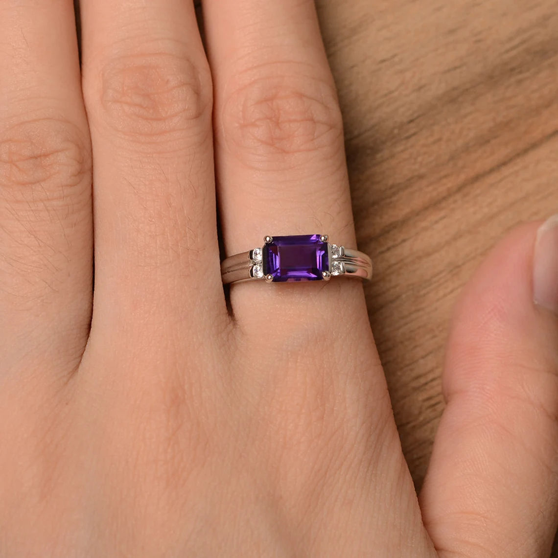 Natural Emerald Cut Amethyst Wedding Ring - 925 Sterling Silver Ring