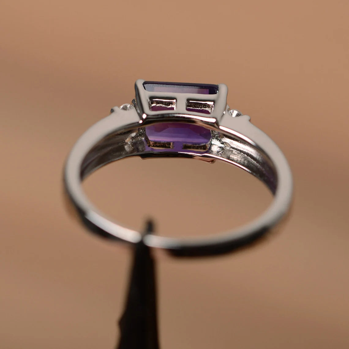 Natural Emerald Cut Amethyst Wedding Ring - 925 Sterling Silver Ring