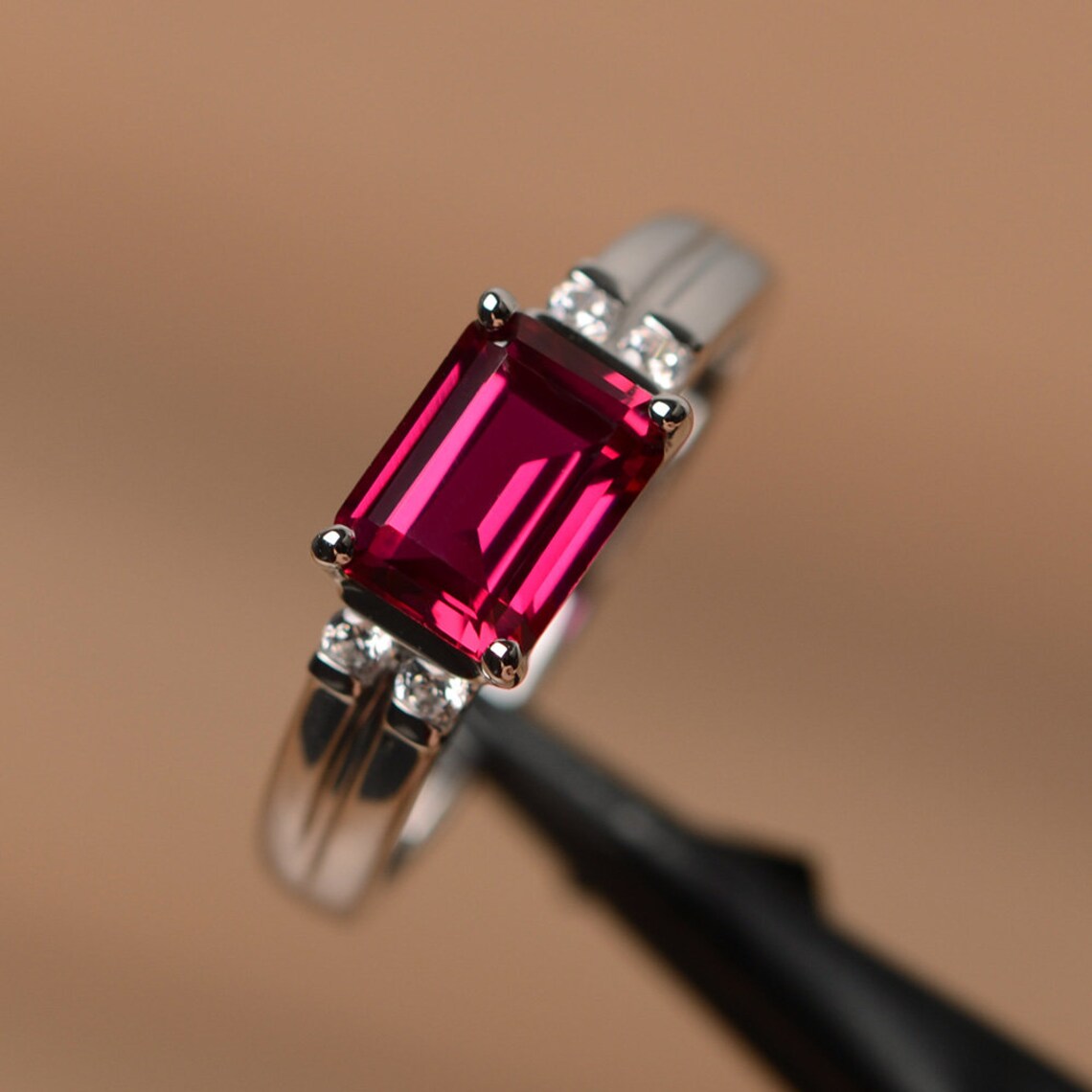 Lab Created Emerald Cut Ruby Promise Ring