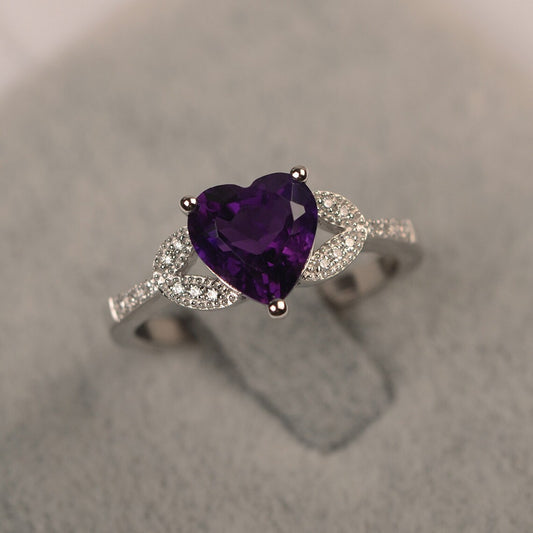 Natural Heart Cut Amethyst Engagement Ring - 925 Sterling Silver Ring