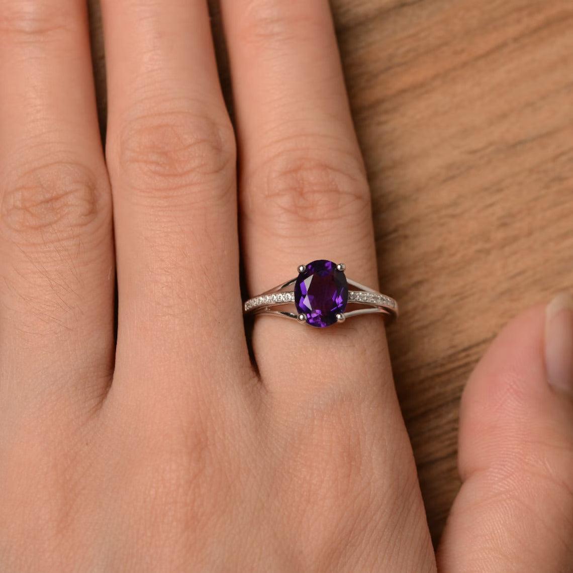 Natural Oval Cut Amethyst Promise Ring - 925 Sterling Silver Ring