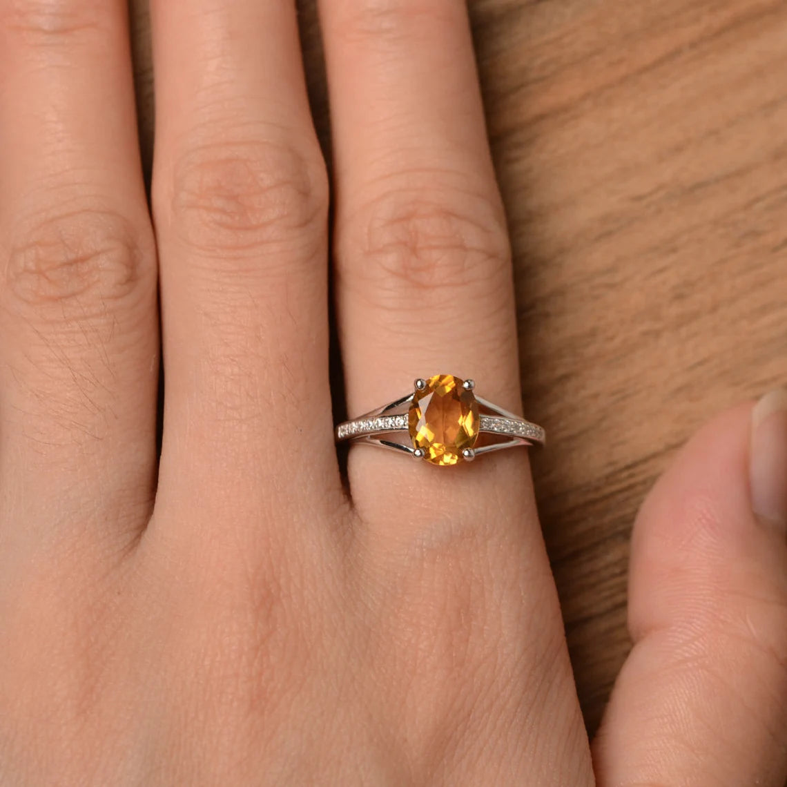 Natural Oval Cut Citrine Unique Promise Ring - 925 Sterling Silver Rings