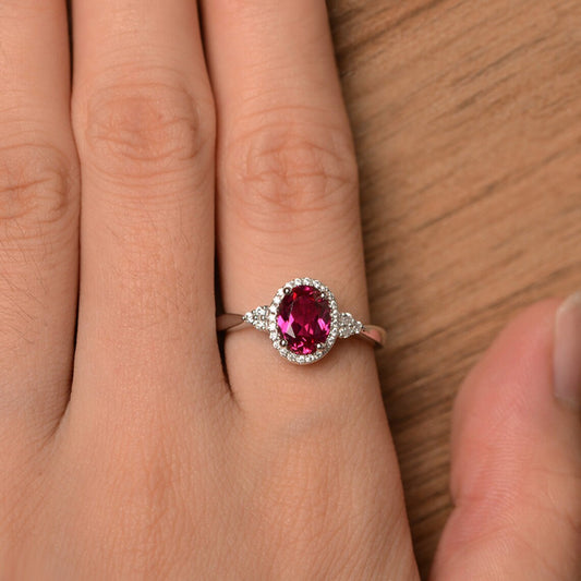 Elegant Oval Cut Ruby Halo Engagement Rings For Women - 925 Sterling Silver Ring