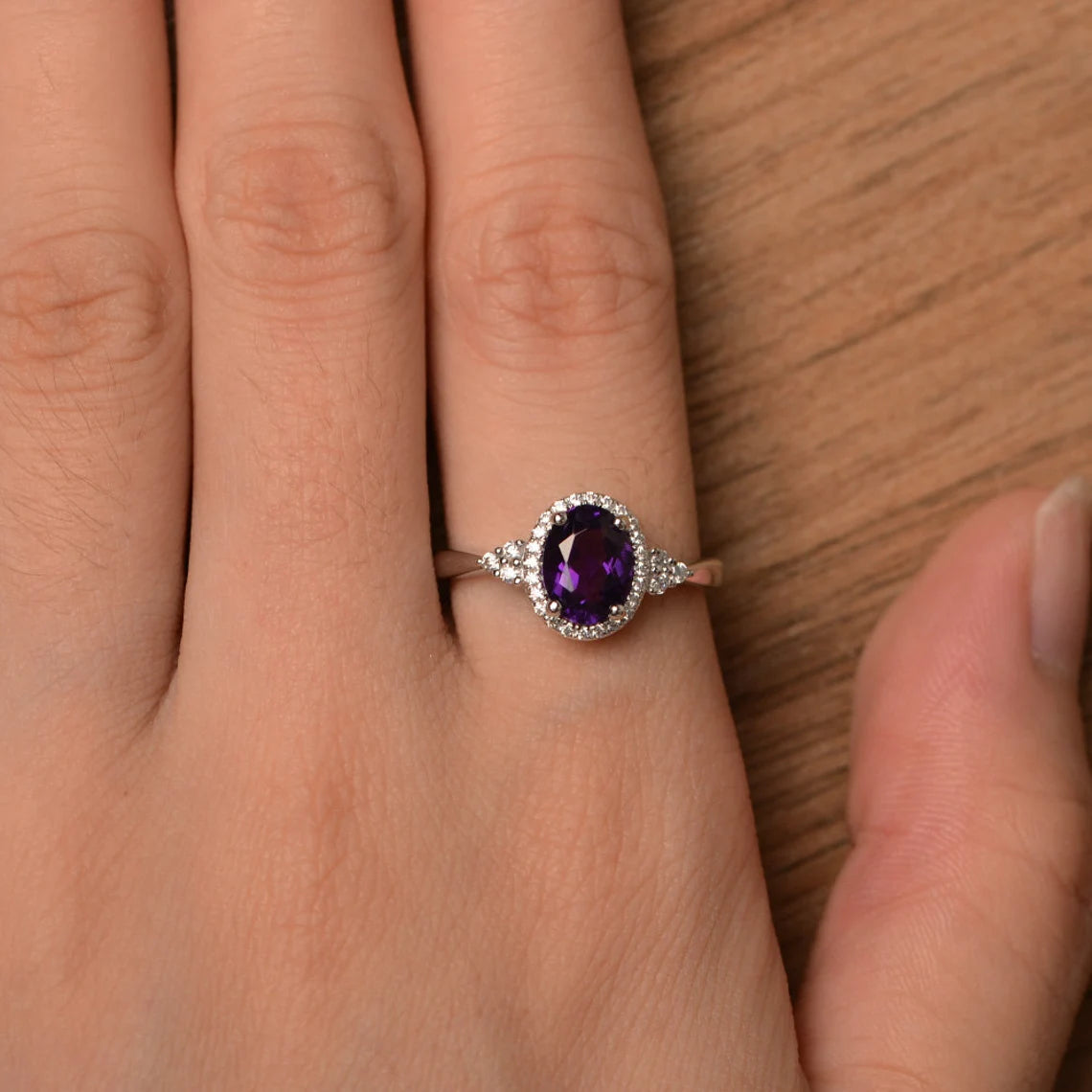 Natural Oval Cut Amethyst Halo Engagement Rings - 925 Sterling Silver Rings