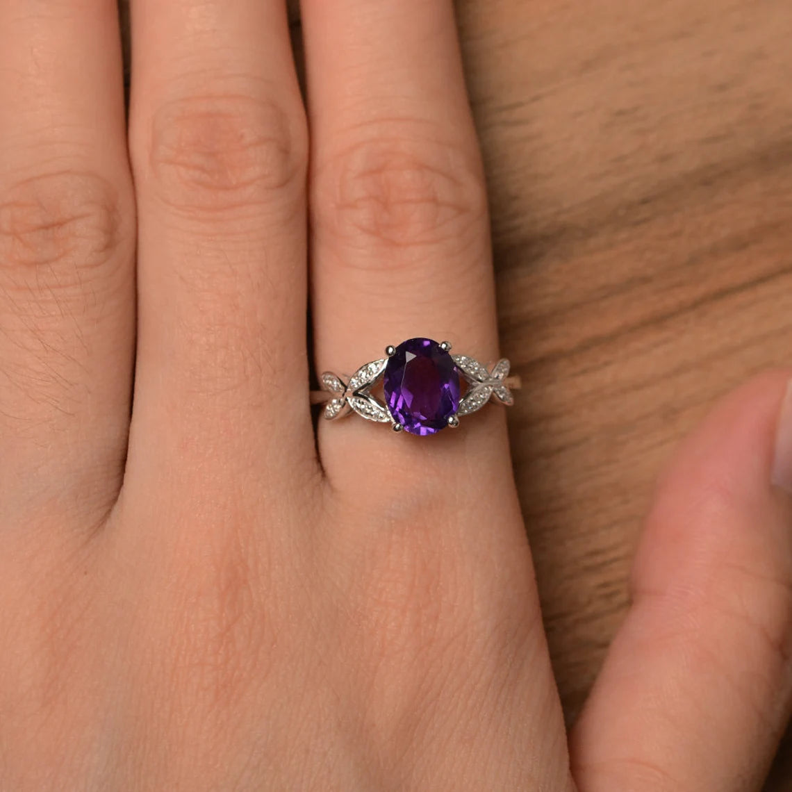 Natural Oval Cut Amethyst Unique Promise Ring - 925 Sterling Silver Ring