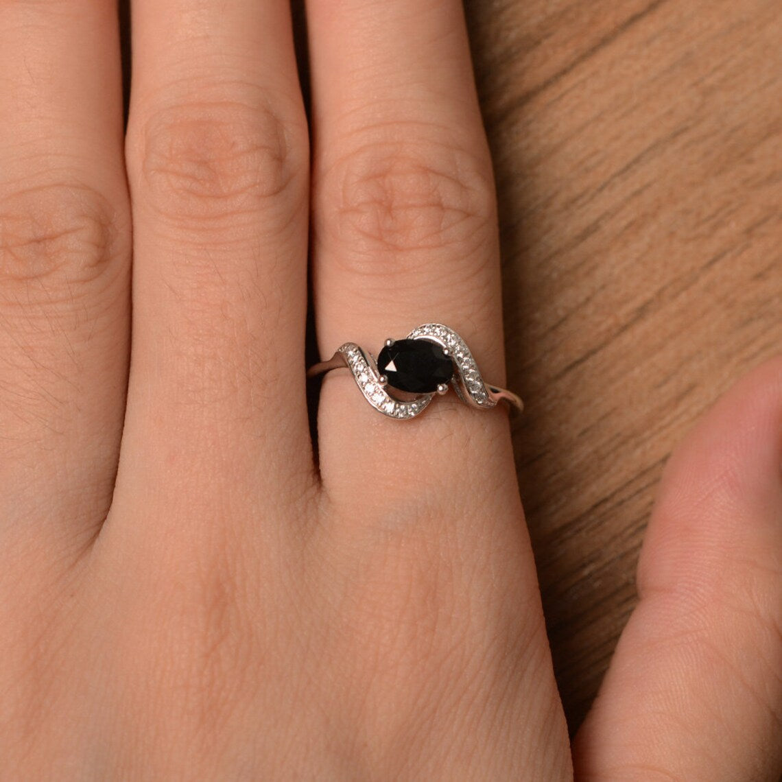 Bague de promesse en onyx noir taille ovale naturelle - Bague en argent sterling 925