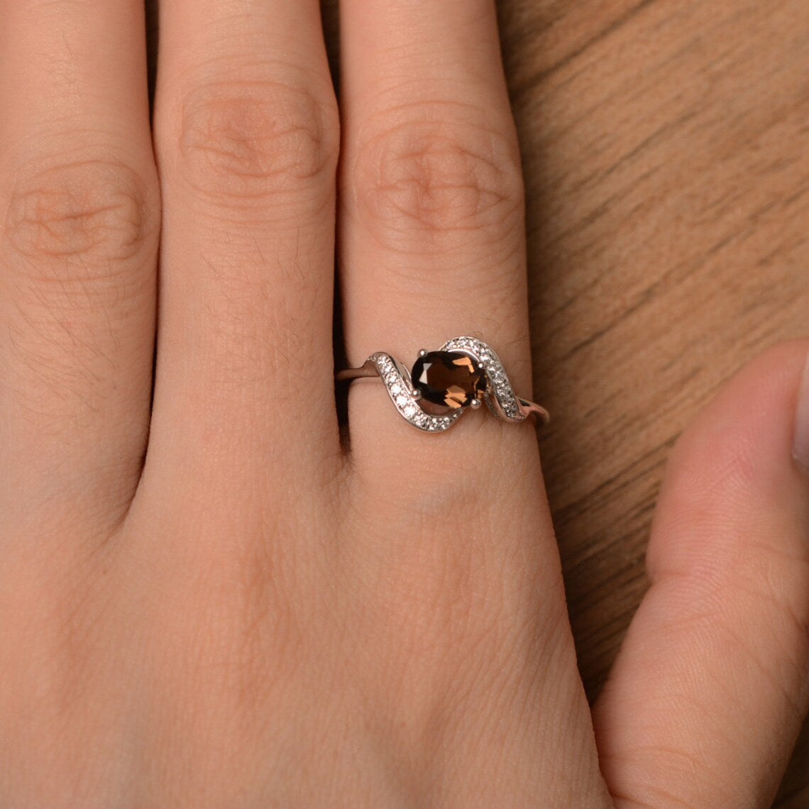 Natural Oval Cut Smoky Quartz Unique Promise Ring 