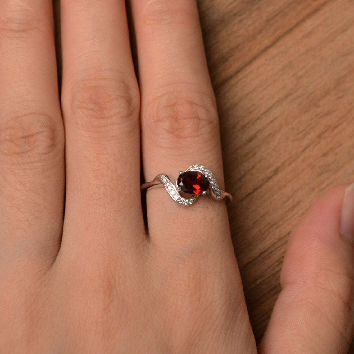 Natural Oval Cut Garnet Unique Promise Ring - 925 Sterling Silver Rings