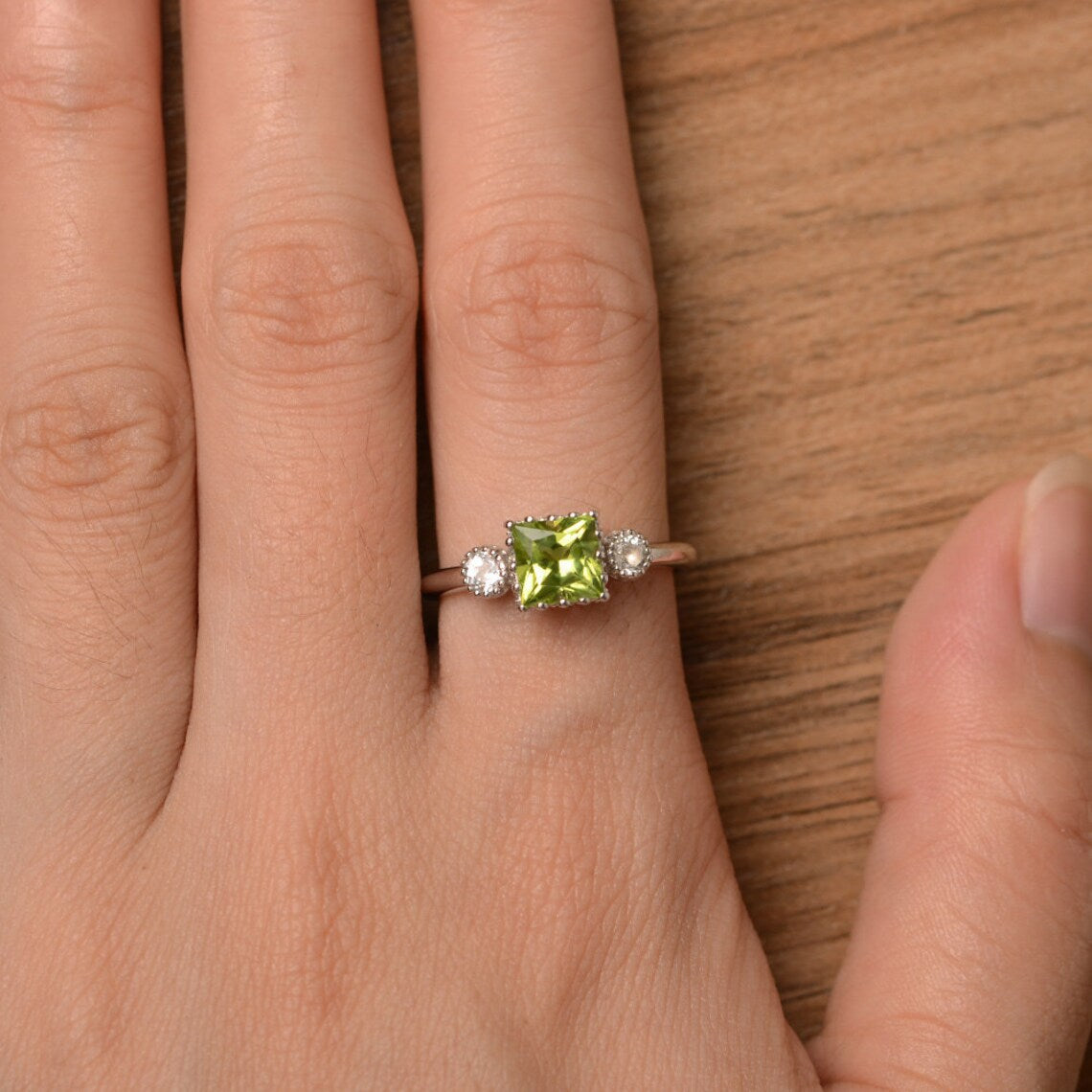 Natural Square Cut Peridot Promise Ring - 925 Sterling Silver Ring