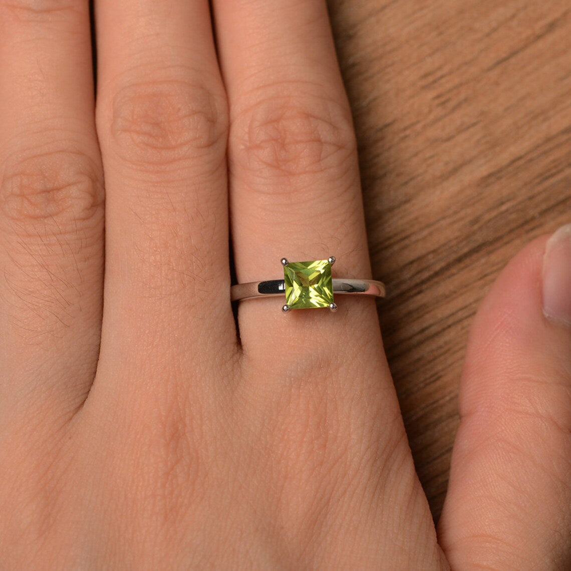 Natural Square Cut Peridot Simple Solitaire Ring - 925 Sterling Silver Rings