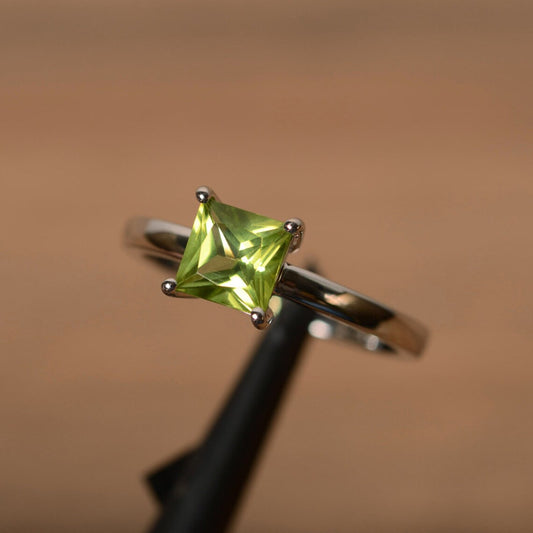 Natural Square Cut Peridot Simple Solitaire Ring