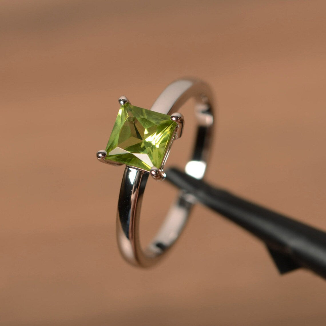 Natural Square Cut Peridot Simple Solitaire Ring - 925 Sterling Silver Rings