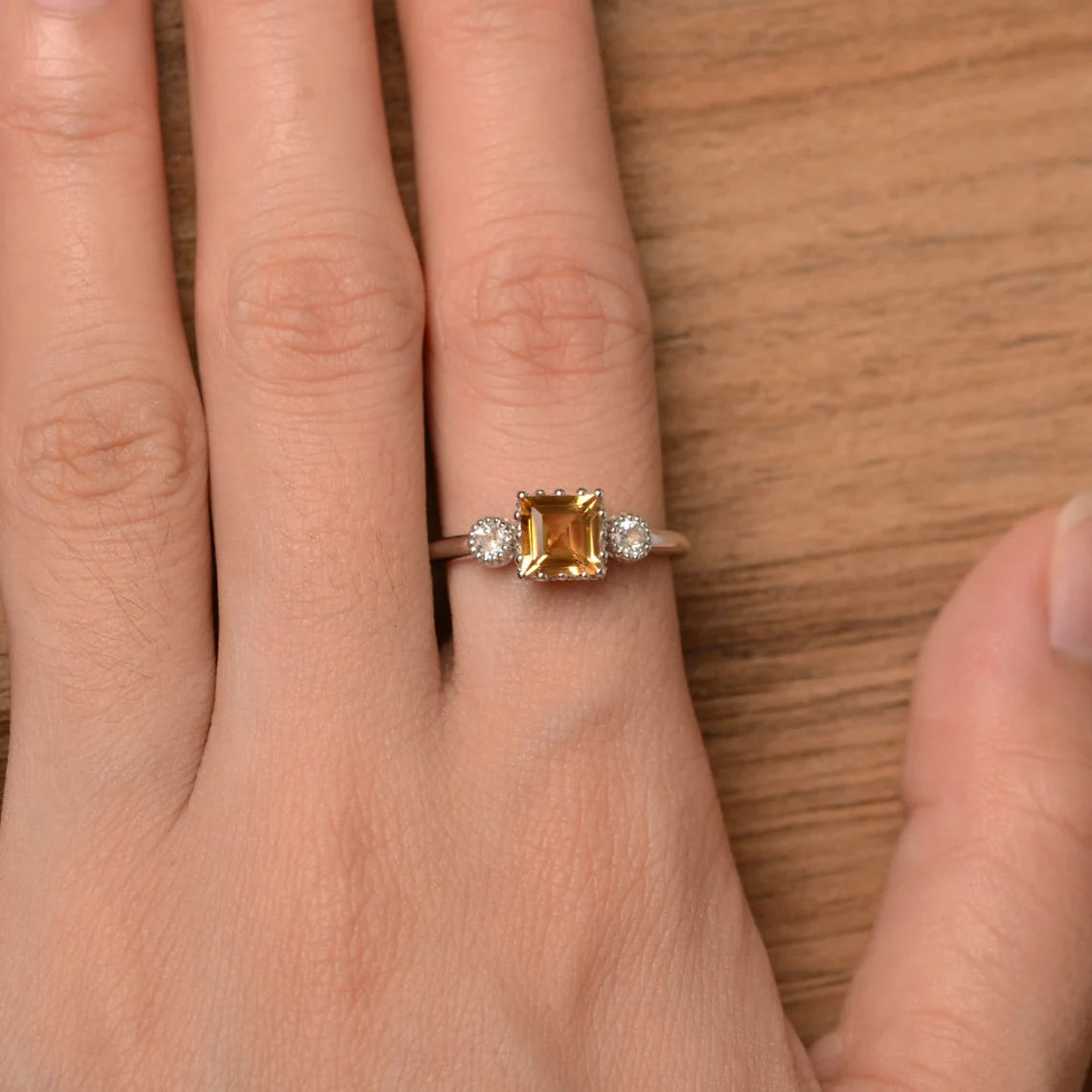 Natural Square Cut Citrine Three Stone Promise Ring 