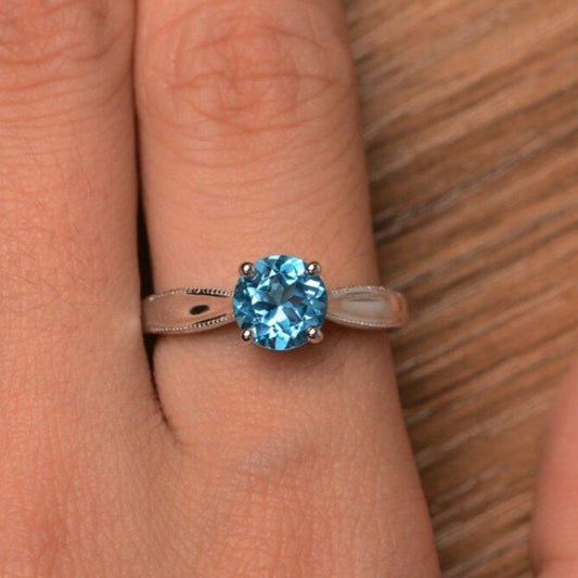 Natural Round Cut Blue Topaz Promise Ring