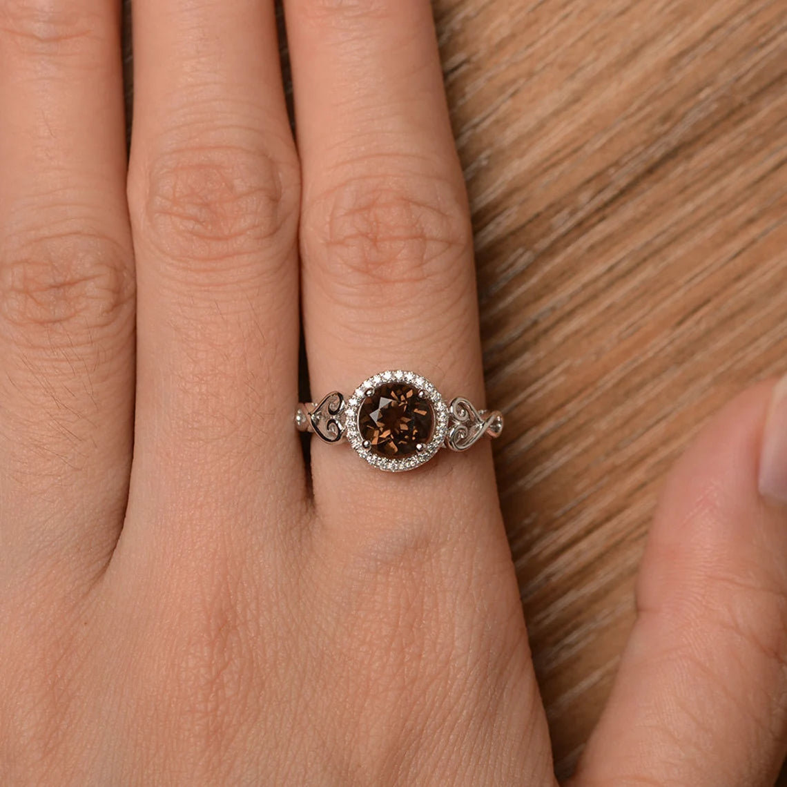 Natural Round Cut Smoky Quartz Halo Promise Ring 