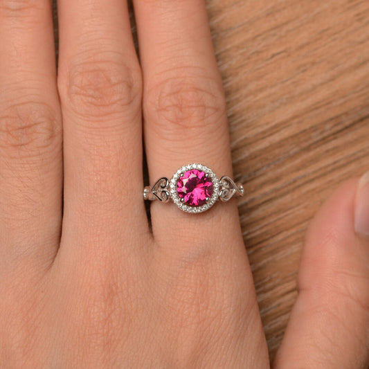 Cute Round Cut Lab Ruby Halo Promise Rings