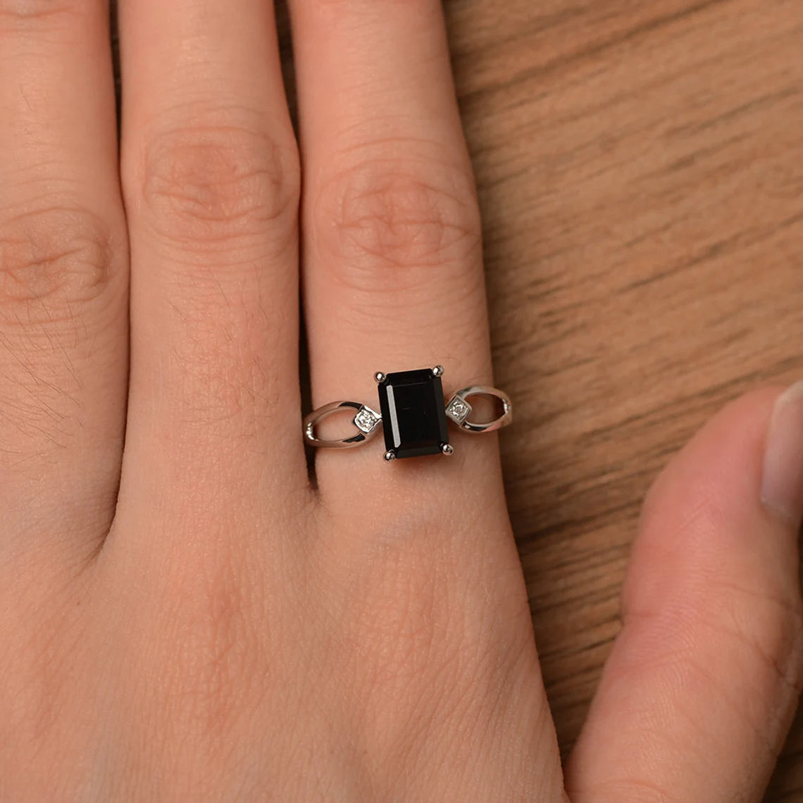 Bague de promesse en onyx noir taille émeraude naturelle - Bague en argent sterling 925