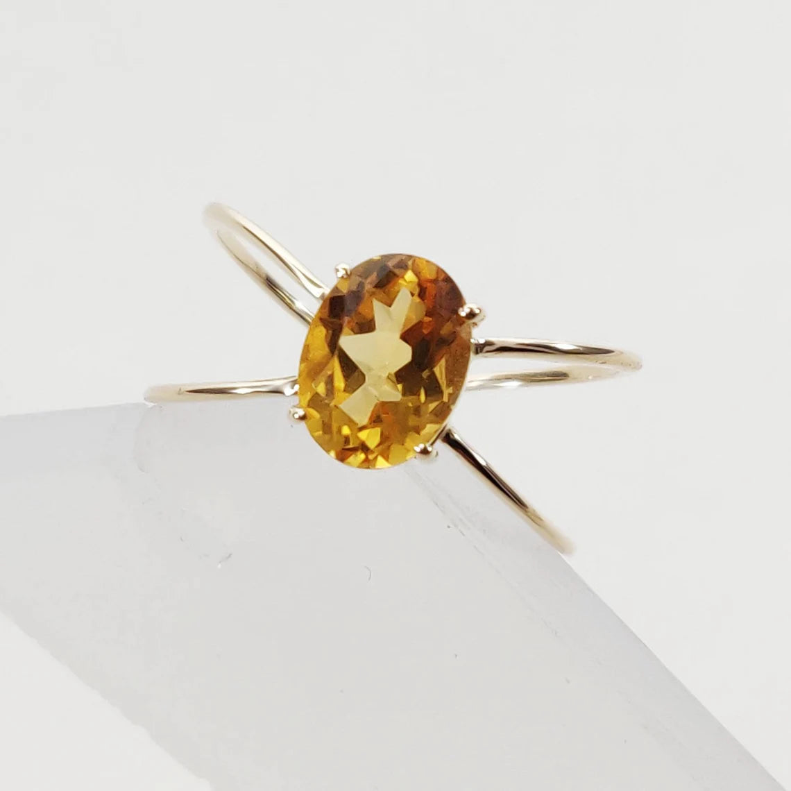 Natural Oval Cut Citrine Open Double Band Solitaire Ring - 14k Gold Vermeil Rings