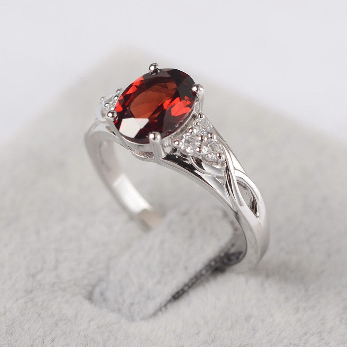 Natural Oval Cut Garnet Wedding Ring  - 925 Sterling Silver Ring