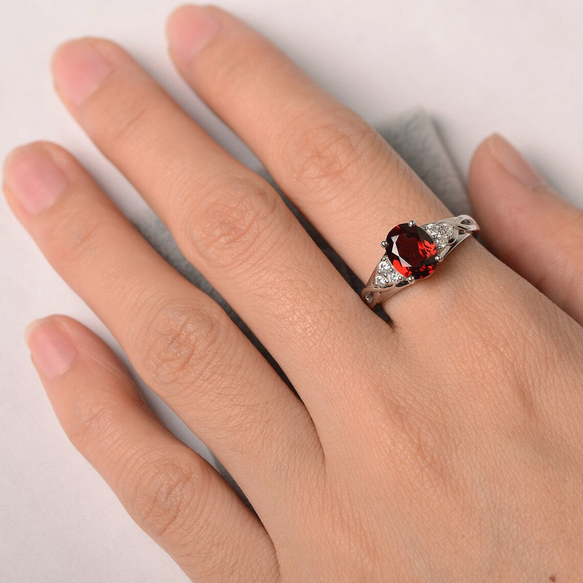 Natural Oval Cut Garnet Wedding Ring  - 925 Sterling Silver Ring