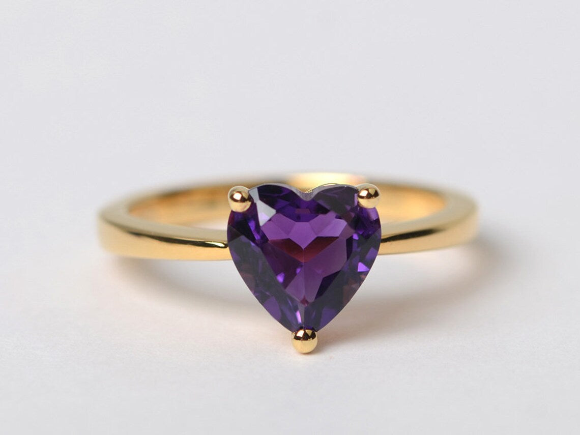 Bague solitaire en améthyste coupée en cœur naturel - Anneaux en vermeil en or 14 carats