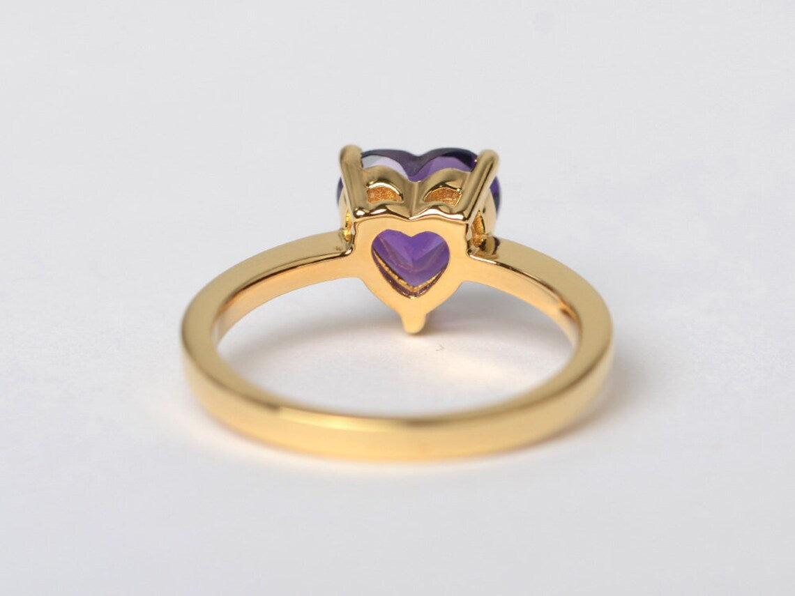 Bague solitaire en améthyste coupée en cœur naturel - Anneaux en vermeil en or 14 carats