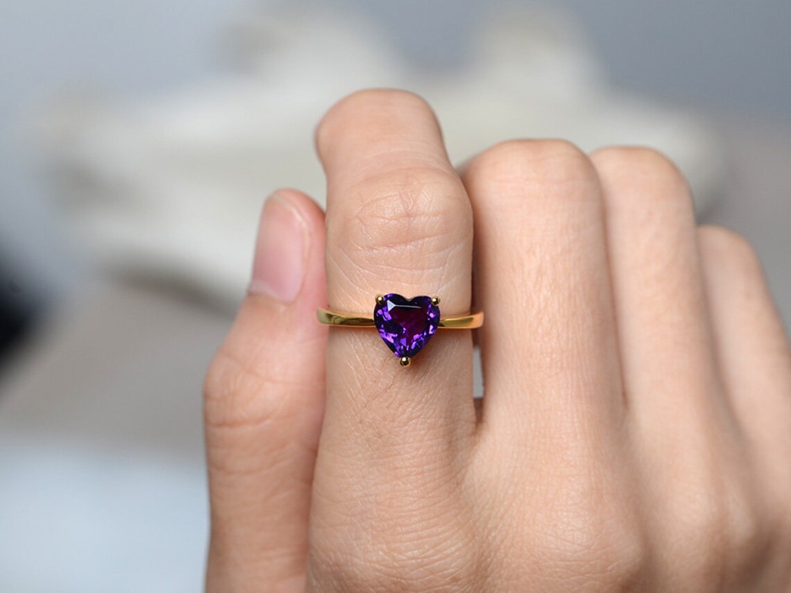 Natural Heart Cut Amethyst Solitaire Ring 